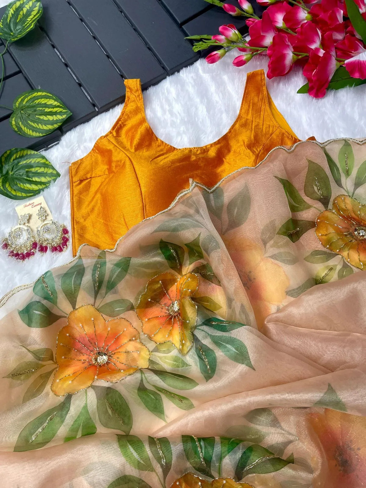 Pure Soft Organza Silk Saree With Beautiful Floral Design - Mira Fashion