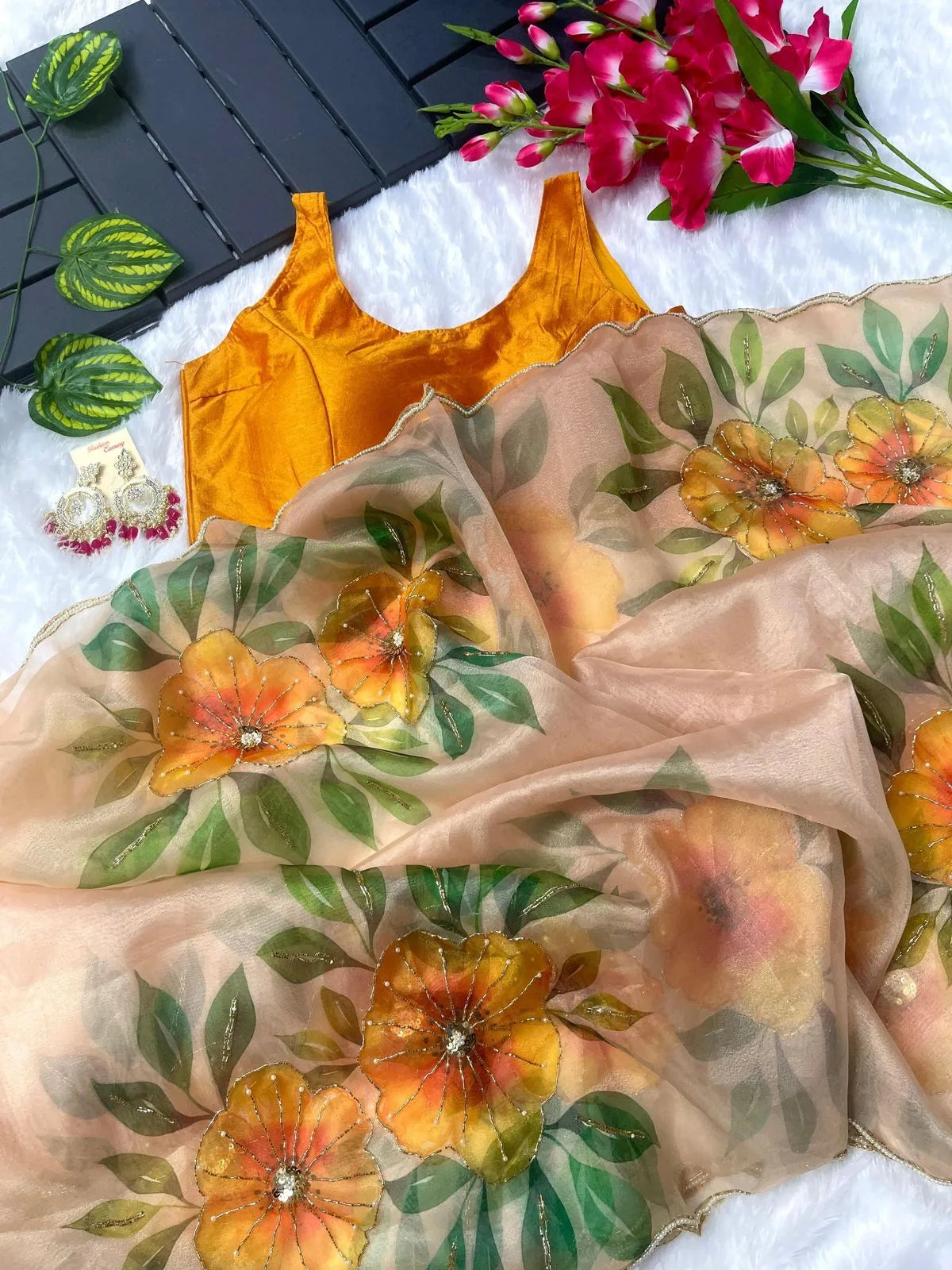 Pure Soft Organza Silk Saree With Beautiful Floral Design - Mira Fashion