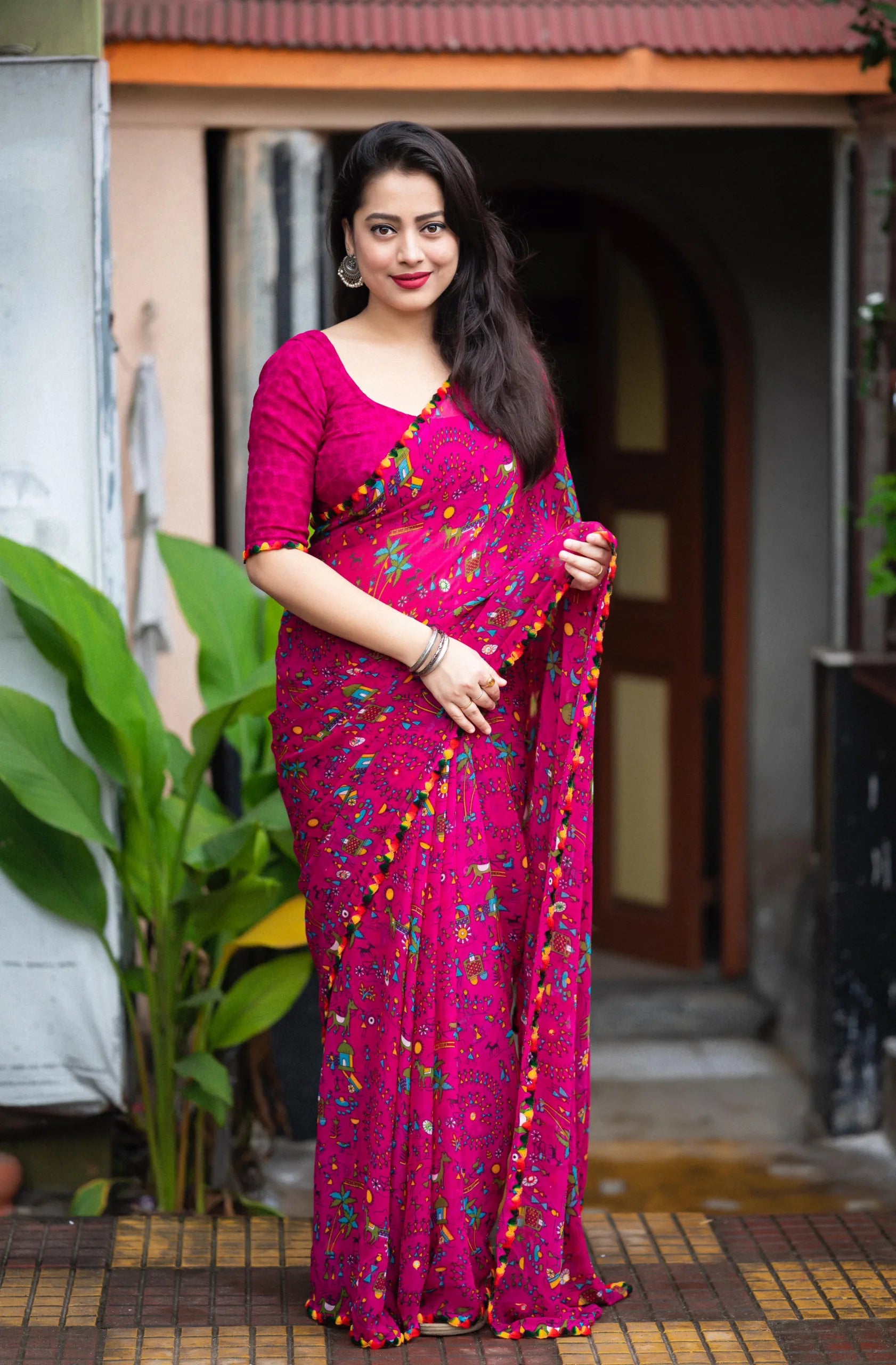 Soft Georgette Saree With Fancy Work and Cartoon Prints - Mira Fashion