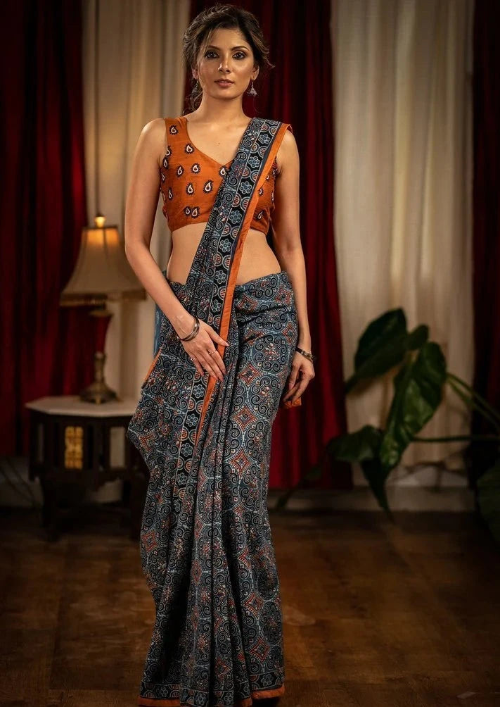 Gray Color Digital Printed Linen Saree