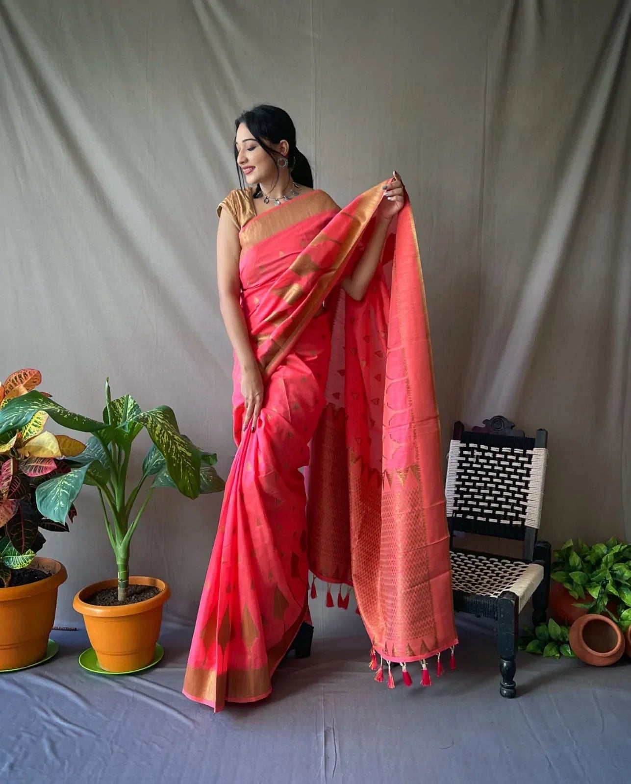 Carnation Pink Zari Woven Cotton Saree