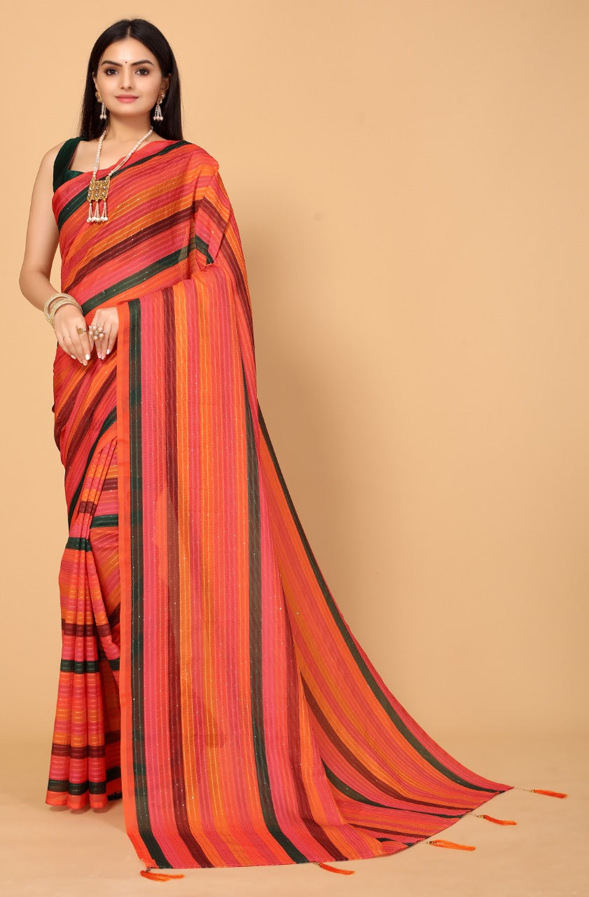 Mandarin Orange and Green Georgette Printed Saree