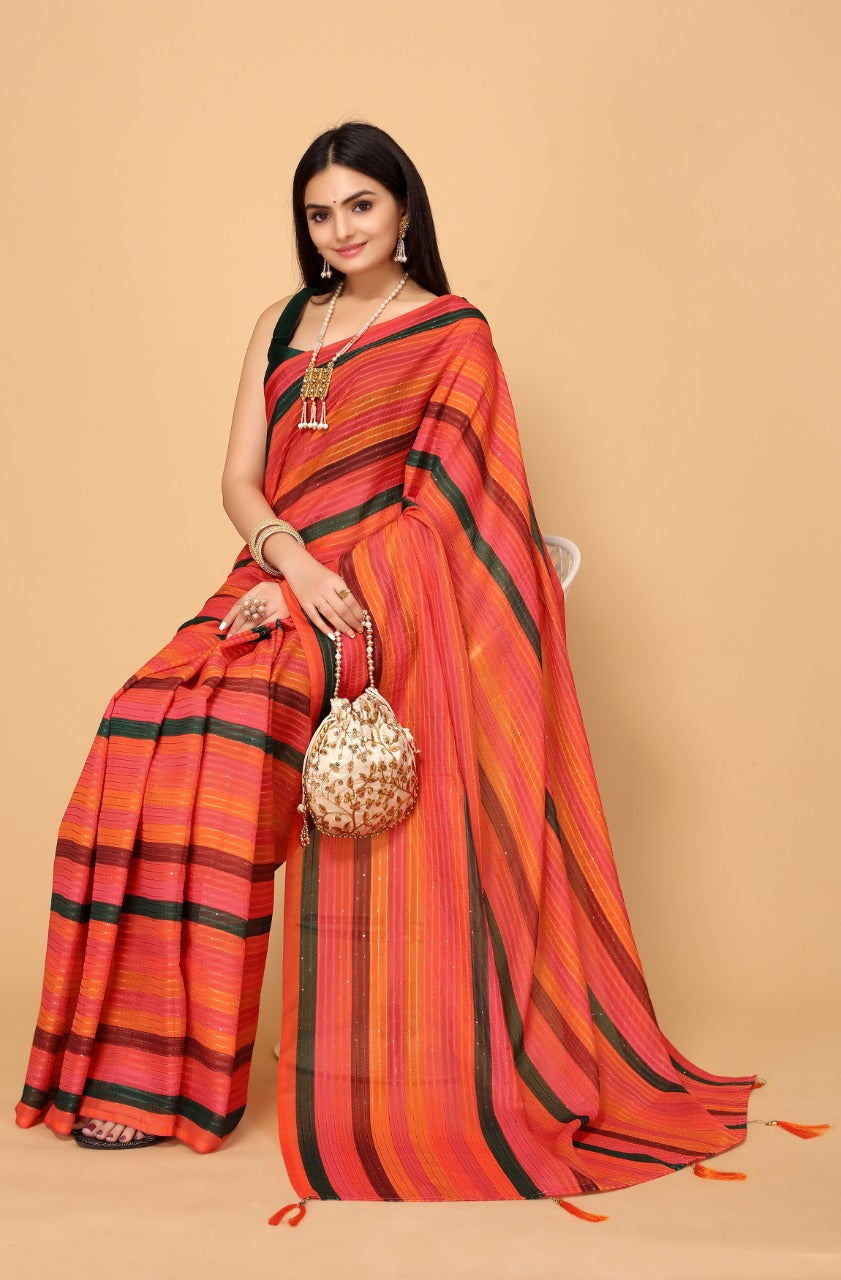 Mandarin Orange and Green Georgette Printed Saree