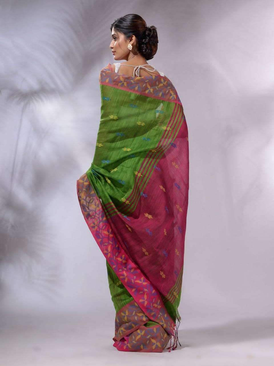 Clover Green and Pink Cotton Saree with Jackqurd Border