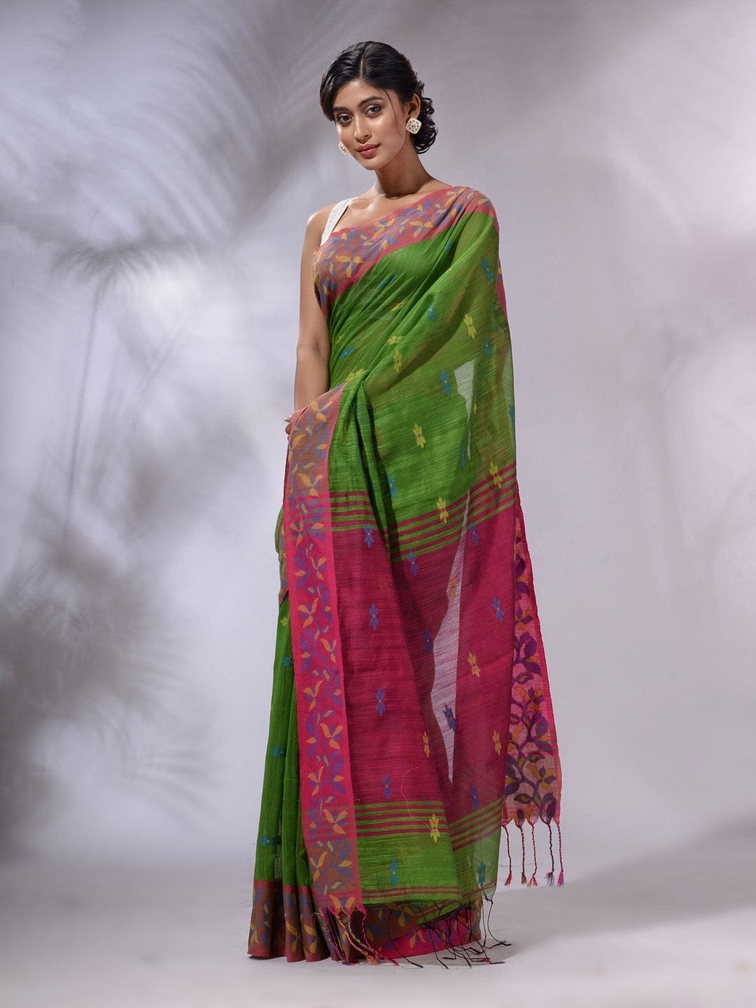 Clover Green and Pink Cotton Saree with Jackqurd Border