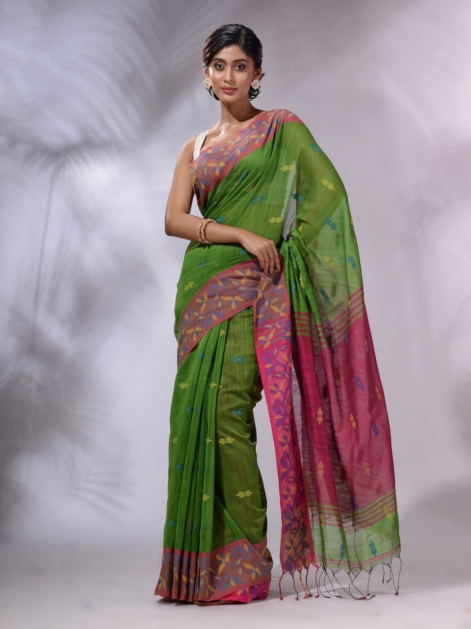 Clover Green and Pink Cotton Saree with Jackqurd Border