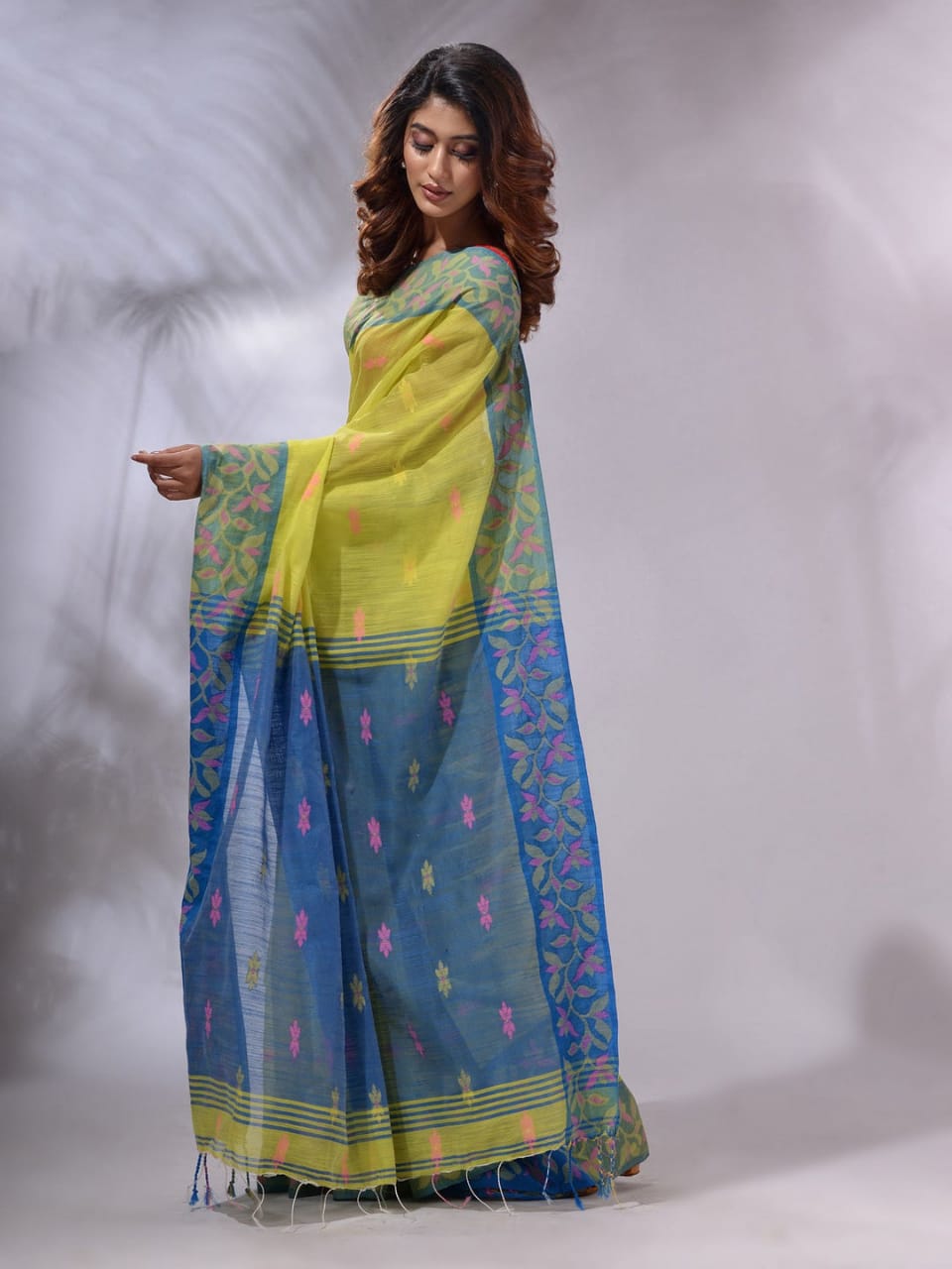 Tacha Yellow and Blue Cotton Saree with Jackqurd Border