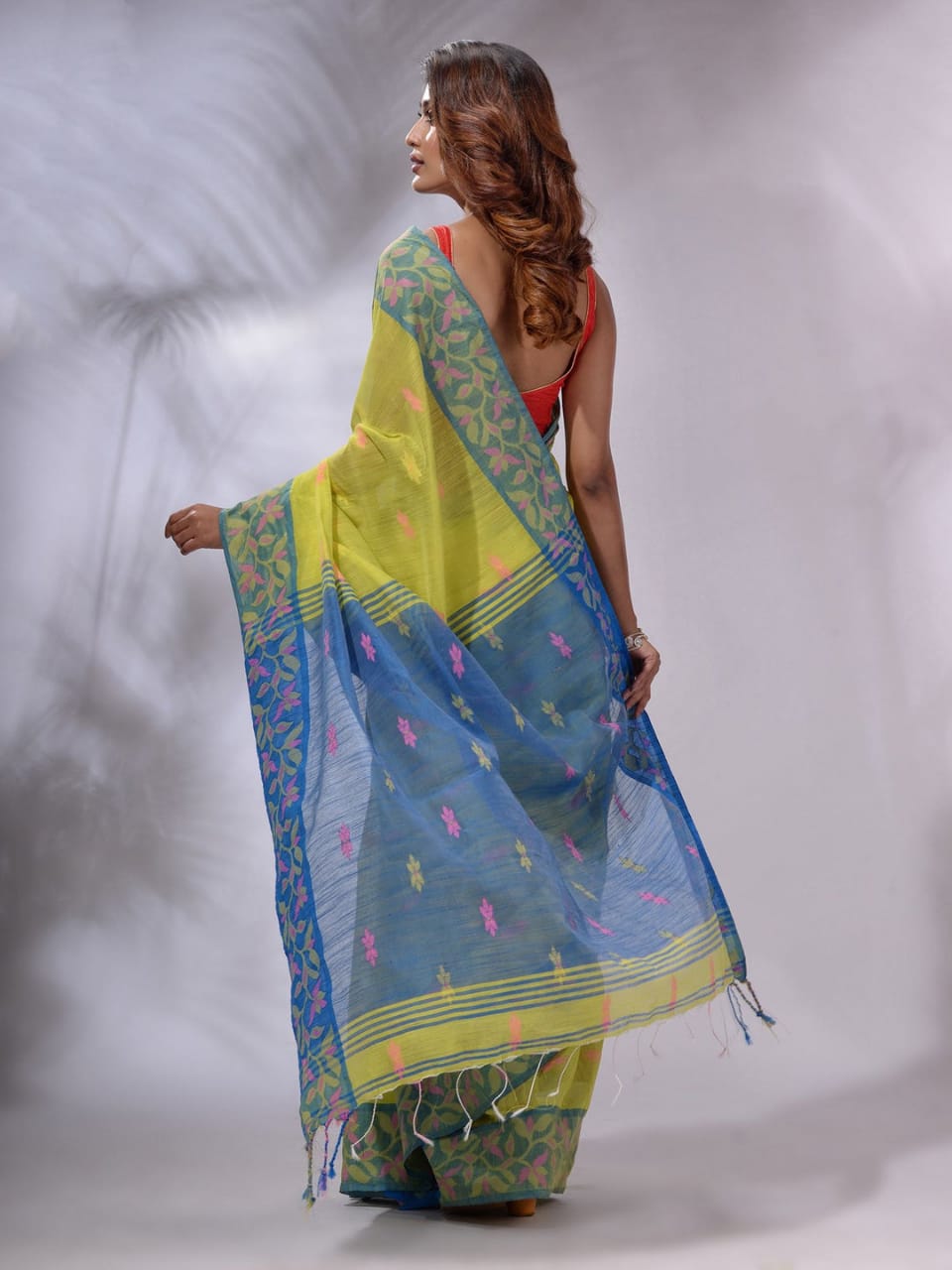 Tacha Yellow and Blue Cotton Saree with Jackqurd Border