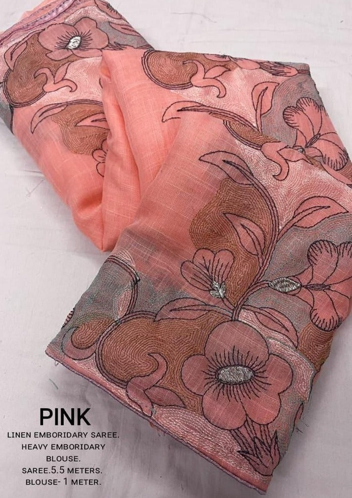 Akruti Linen emboridary Saree With Beautifull Pencil Stich Emboridary