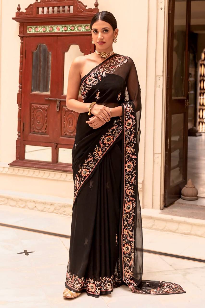 Jaipuri Black Chiffon Hand Embroidered Saree