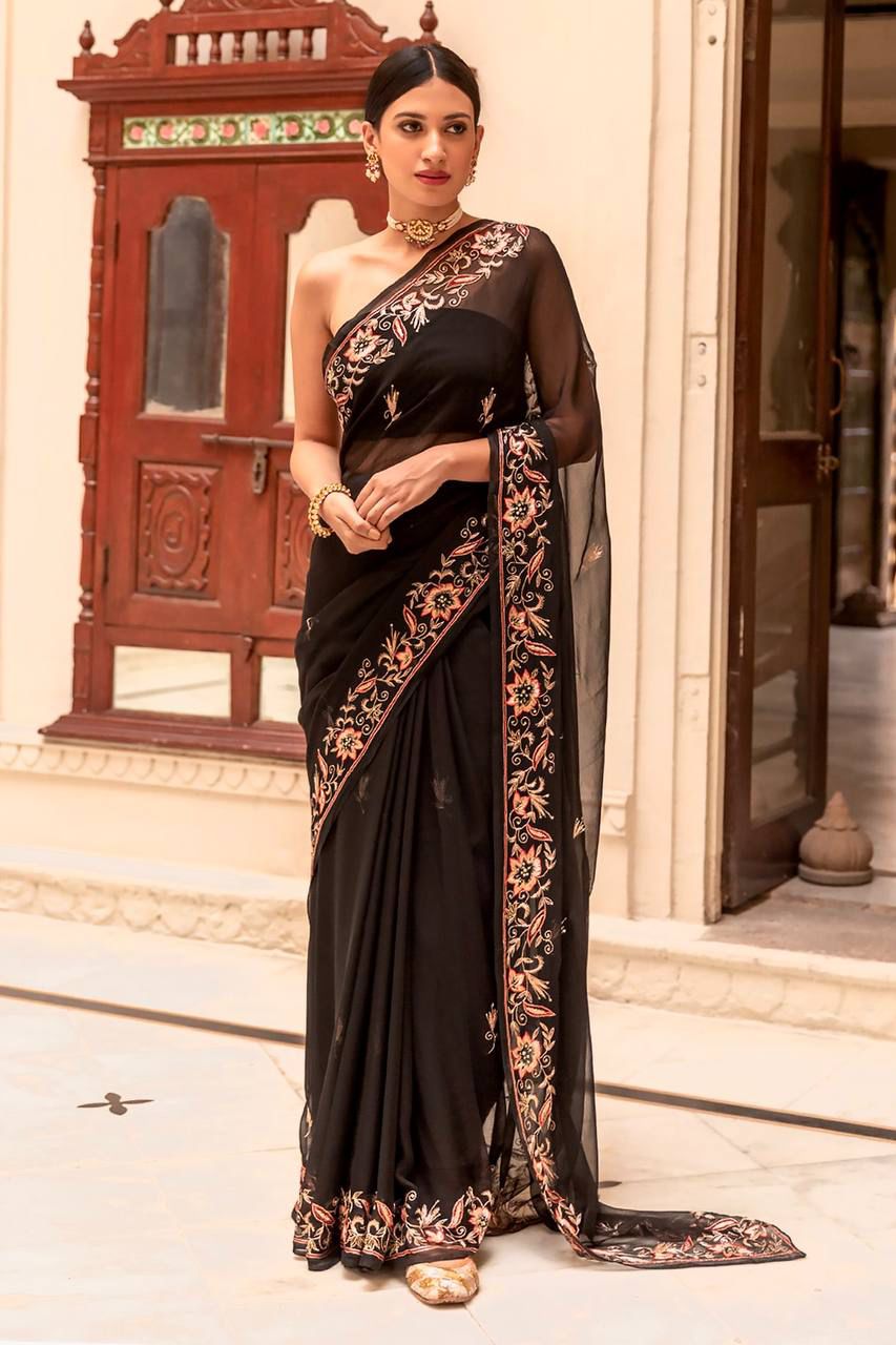 Jaipuri Black Chiffon Hand Embroidered Saree