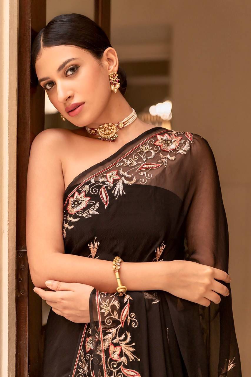 Jaipuri Black Chiffon Hand Embroidered Saree