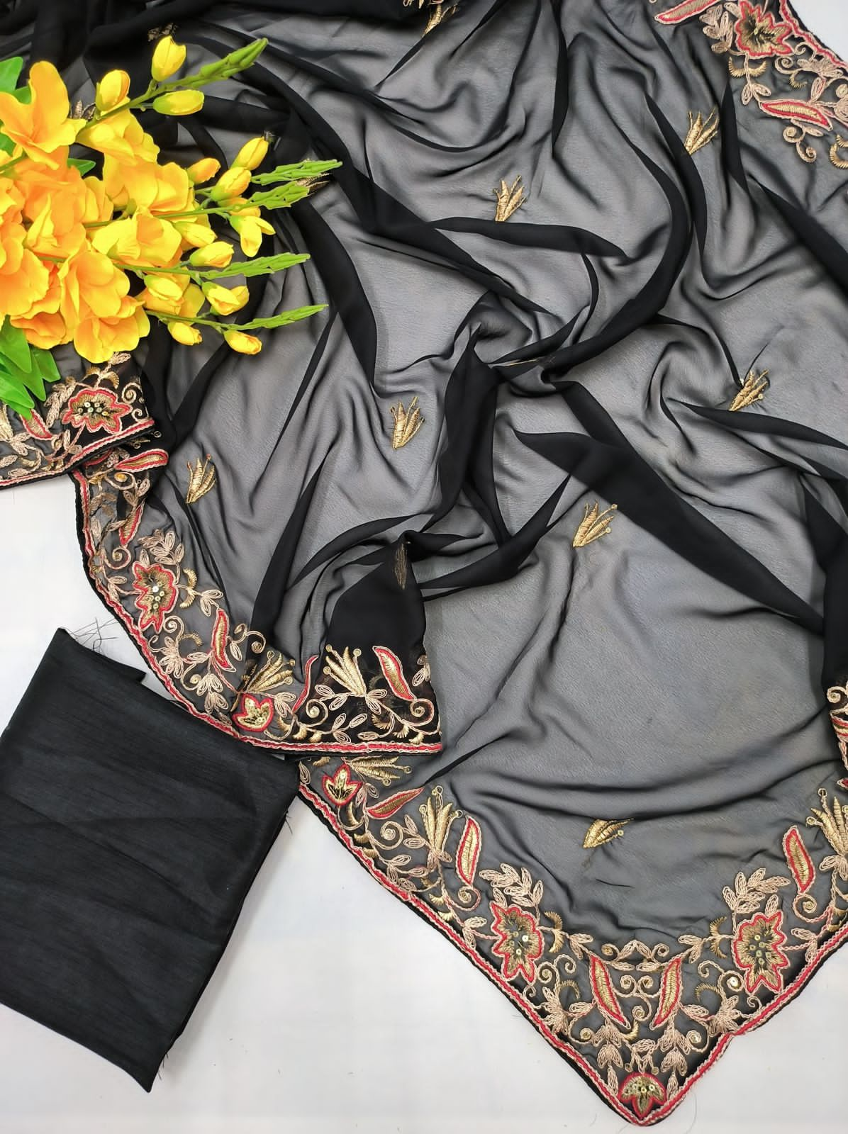 Jaipuri Black Chiffon Hand Embroidered Saree