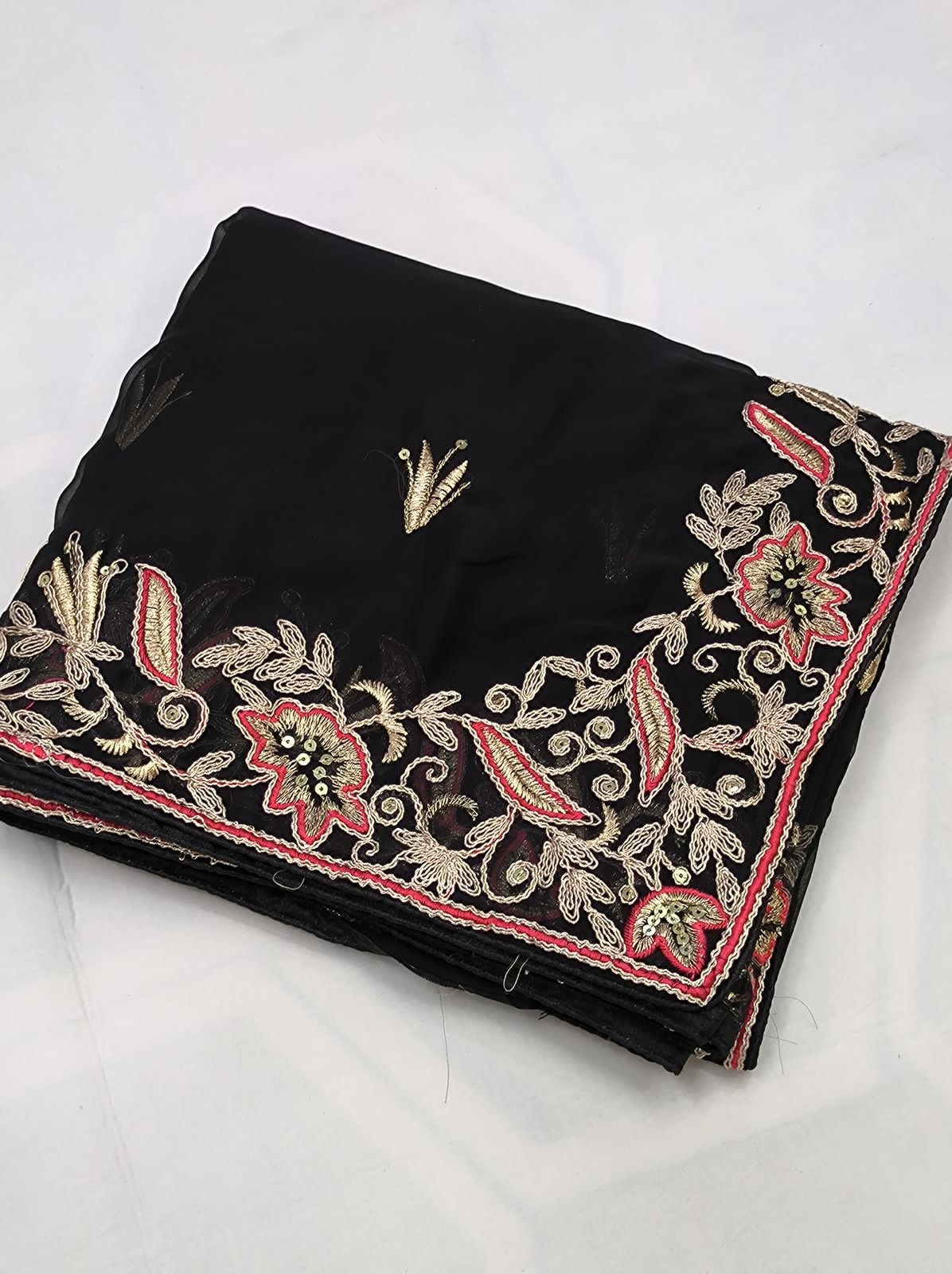 Jaipuri Black Chiffon Hand Embroidered Saree