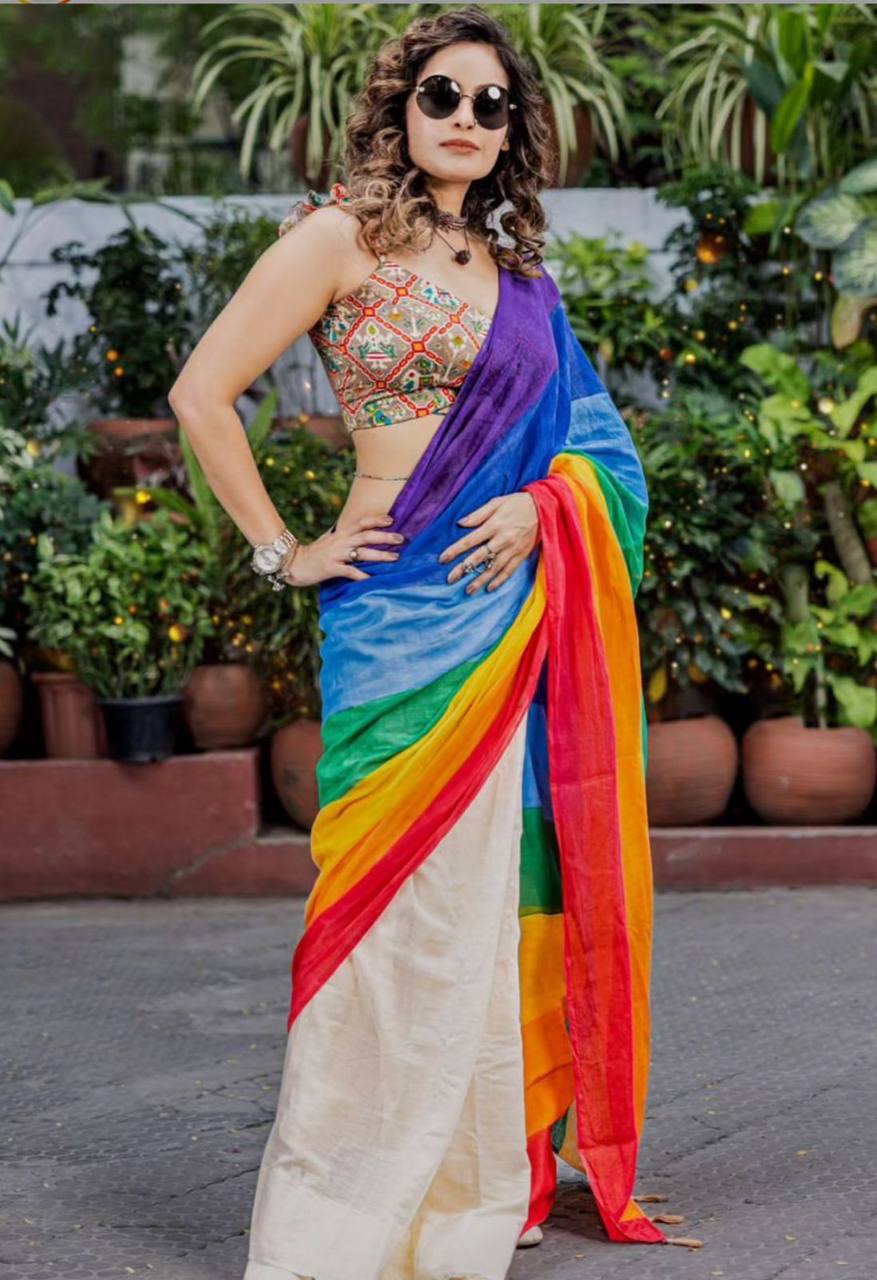 Madhuri MultiColor Plain Linen Digital Printed Saree