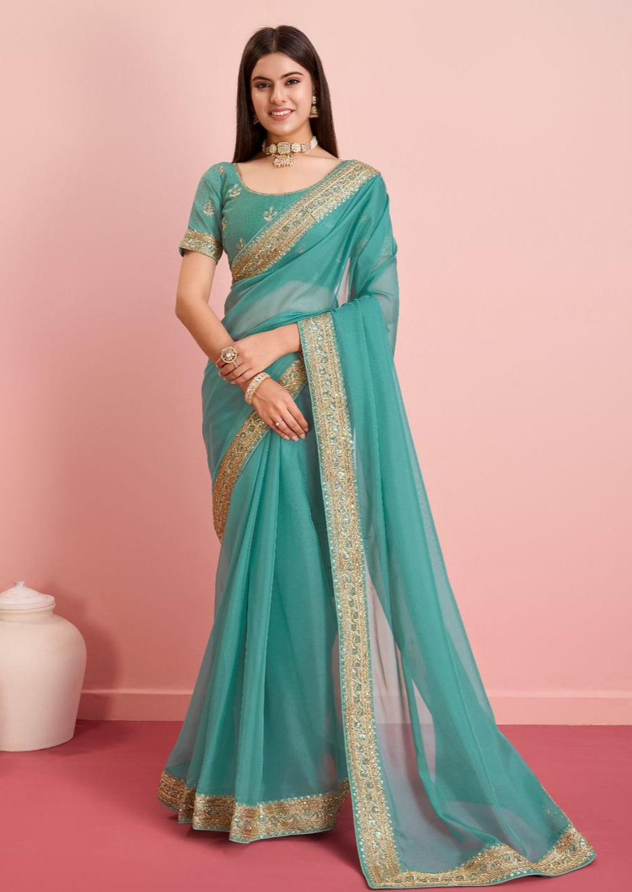 Beautiful  Soft Taby Silk Organza Saree With All Over Embroidery Work