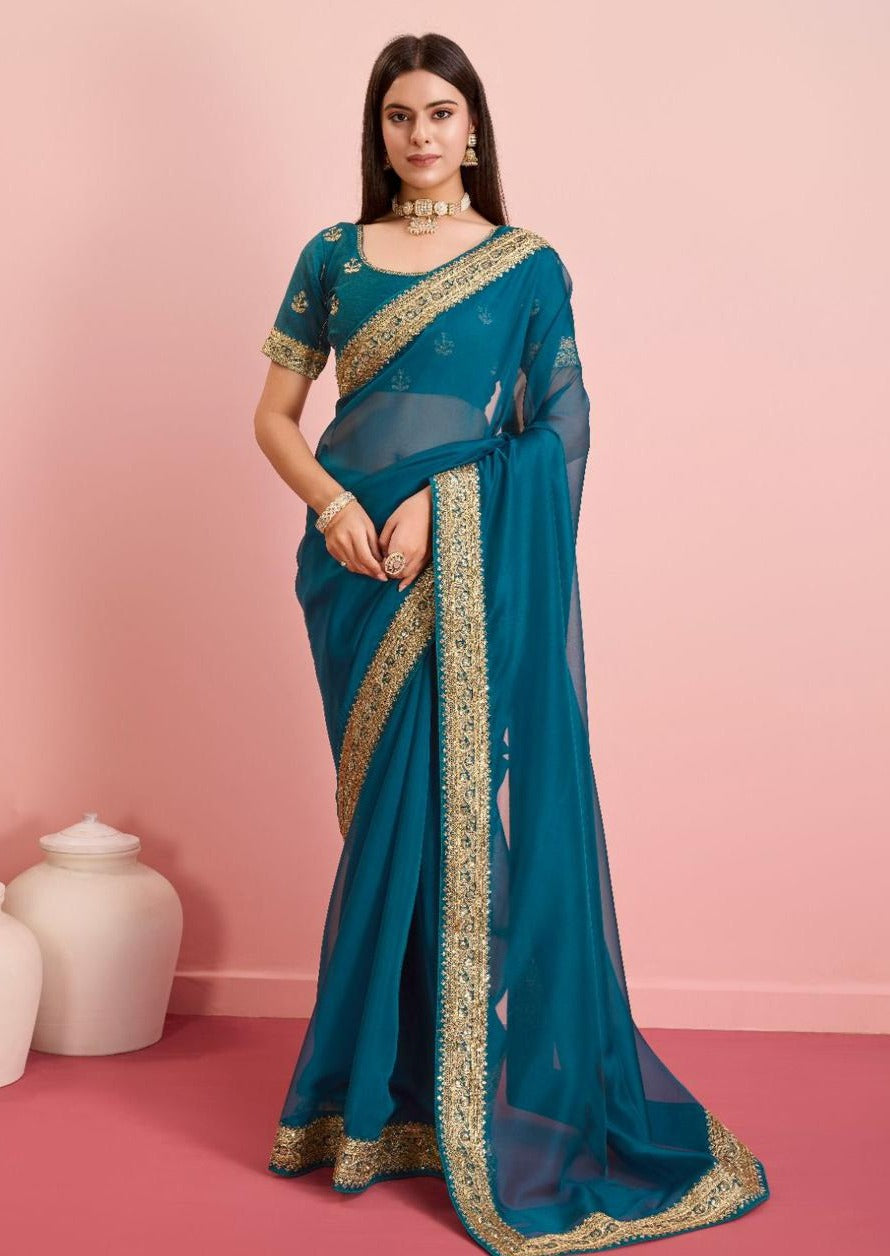 Beautiful  Soft Taby Silk Organza Saree With All Over Embroidery Work