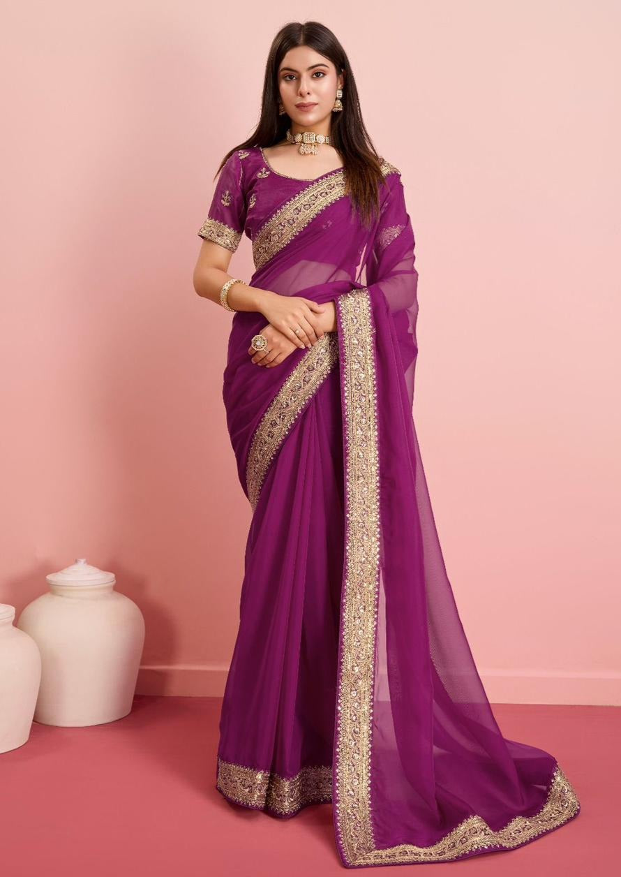 Beautiful  Soft Taby Silk Organza Saree With All Over Embroidery Work