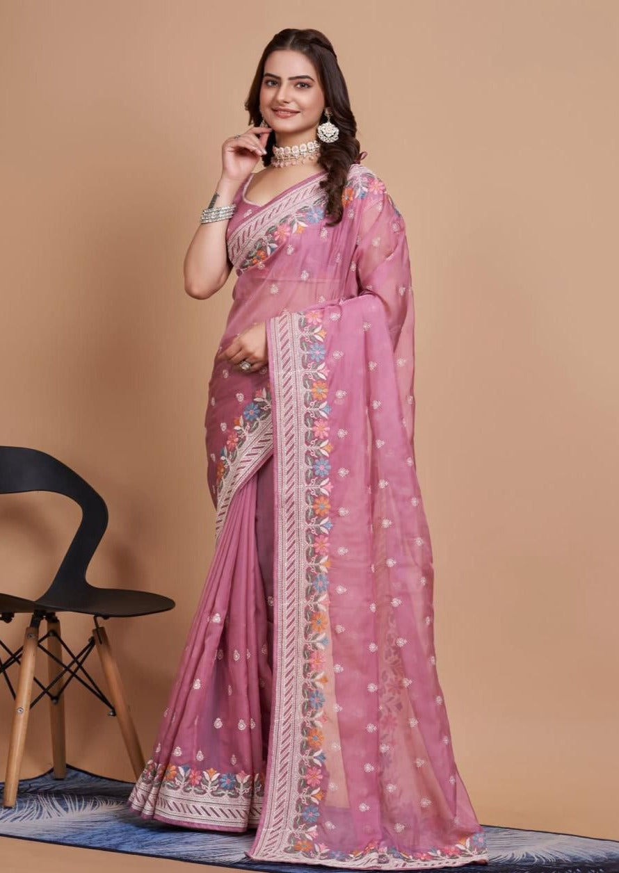 Beautiful  Soft Taby Silk Organza Saree With C-Pallu & All Over Embroidery Work