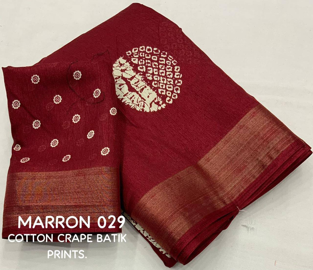 Soft Cotton Crape Batik Prints With Zari Pattu Woven Border