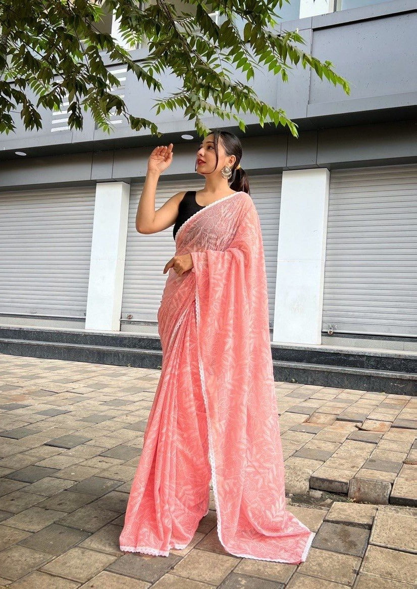 Soft Chiffon Silk Saree With Lucknowi Print and chikankari Work Border