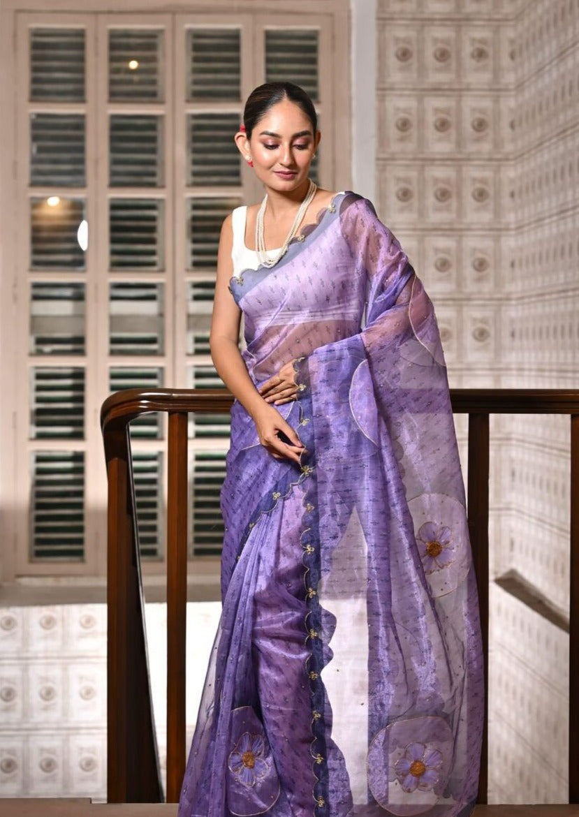 Soft Pure Organza Saree With Digital Print & Handwork Gota Work With Diamond Attached