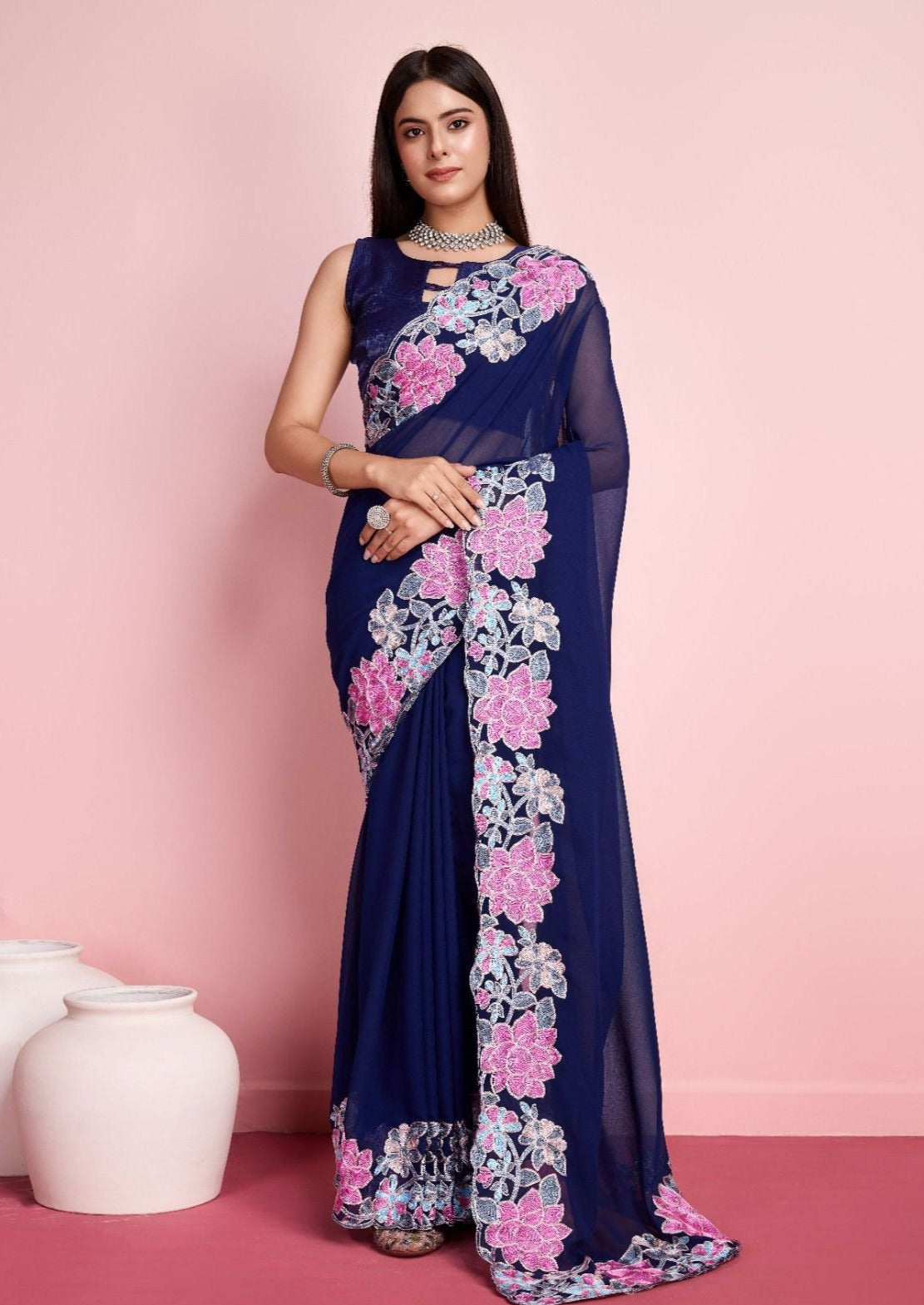 Premium Georgette Saree With Chin Stich Flower Petern & Embroidery Cut Work