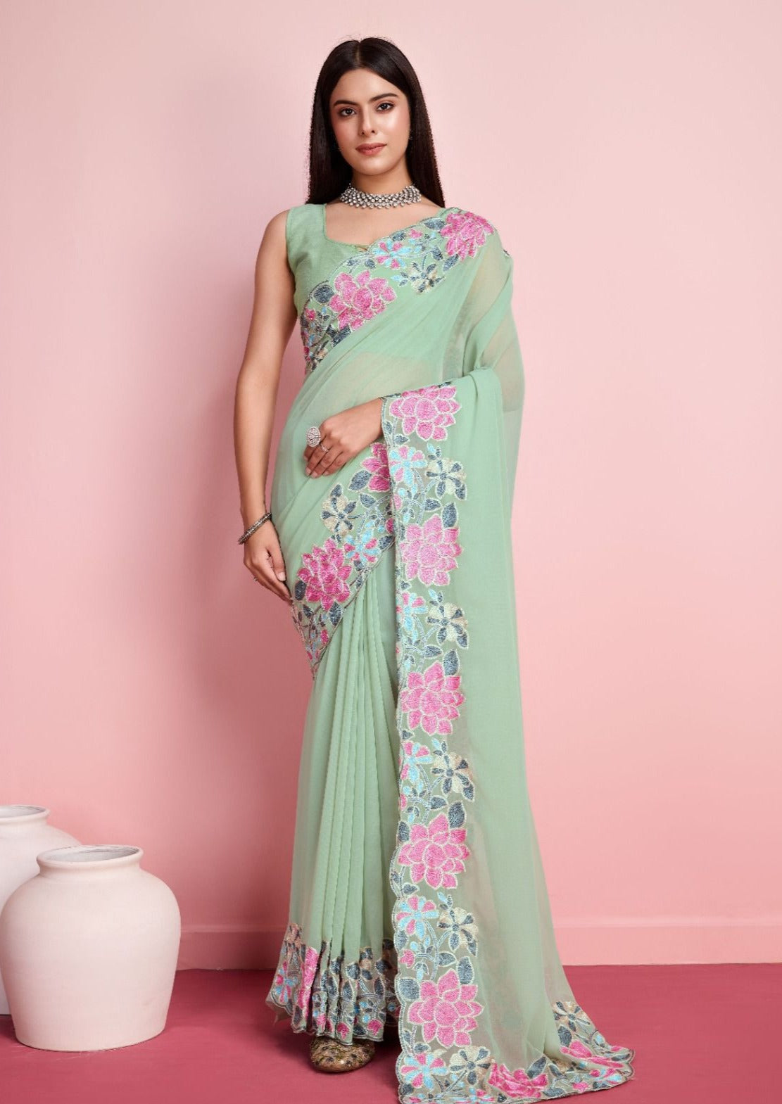 Premium Georgette Saree With Chin Stich Flower Petern & Embroidery Cut Work