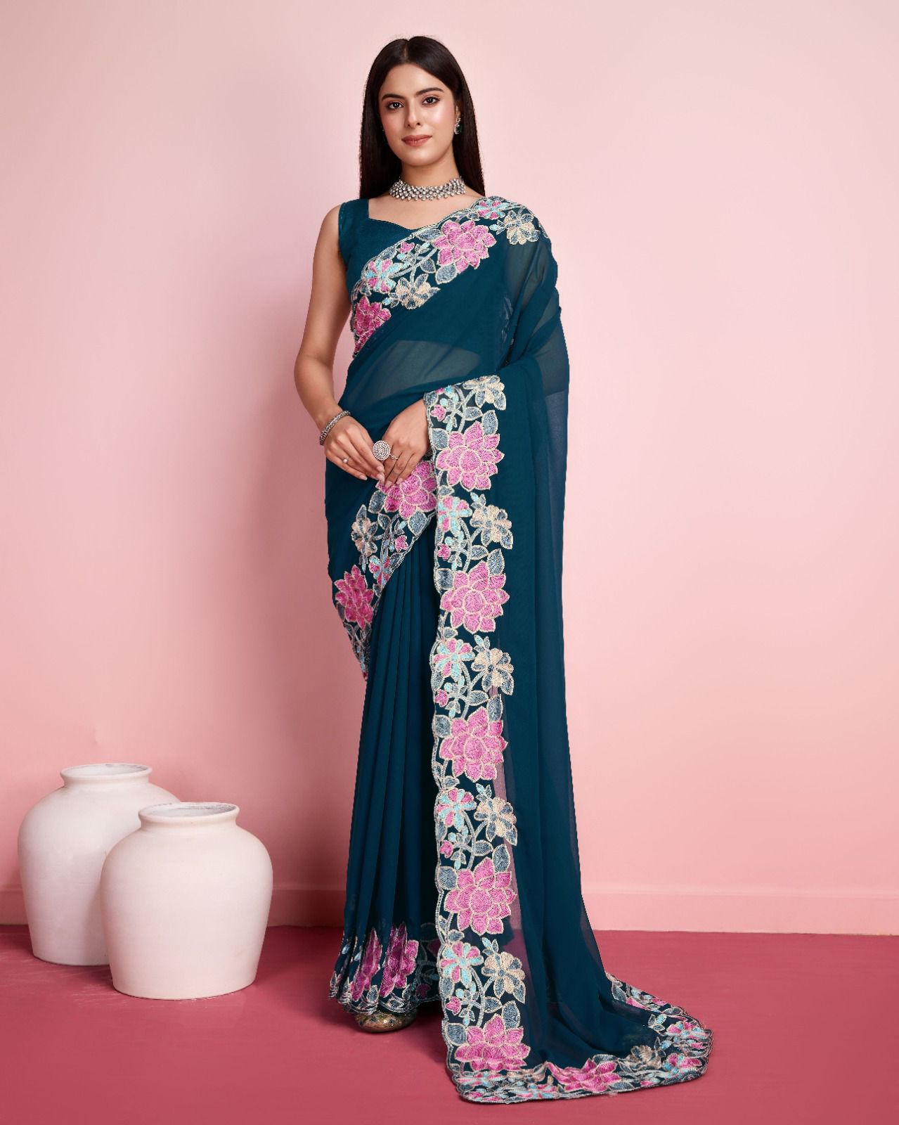 Premium Georgette Saree With Chin Stich Flower Petern & Embroidery Cut Work