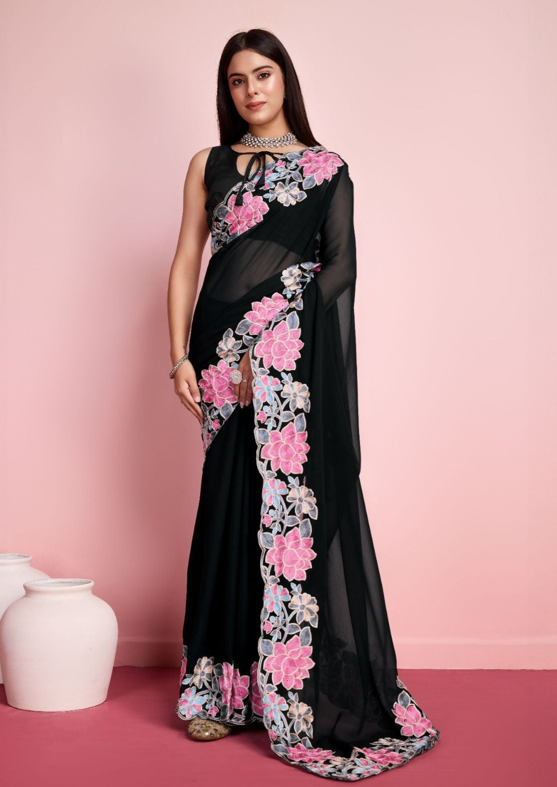 Premium Georgette Saree With Chin Stich Flower Petern & Embroidery Cut Work