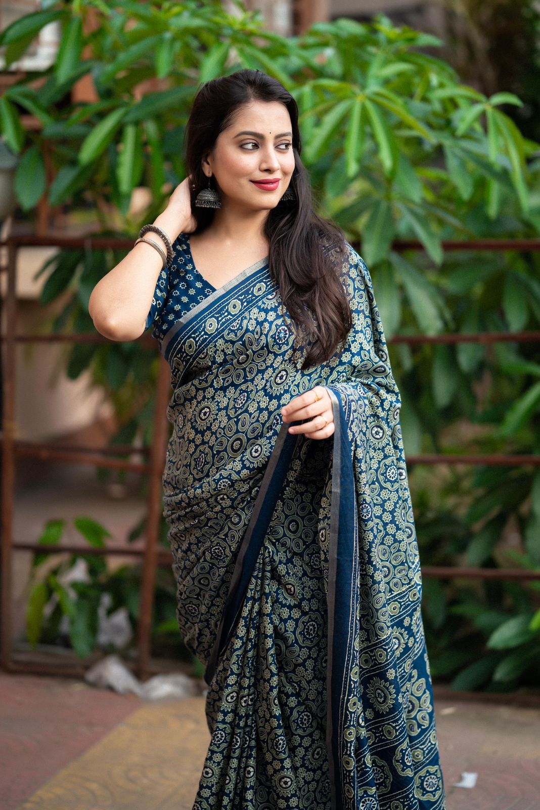 Ajrakh Style Printed Cotton Saree