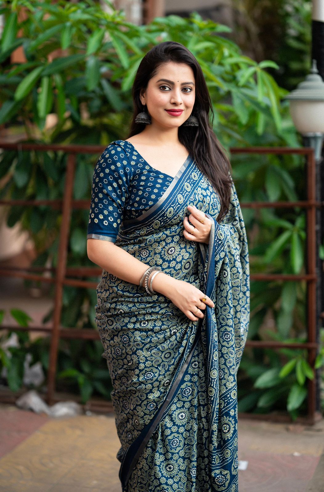 Ajrakh Style Printed Cotton Saree