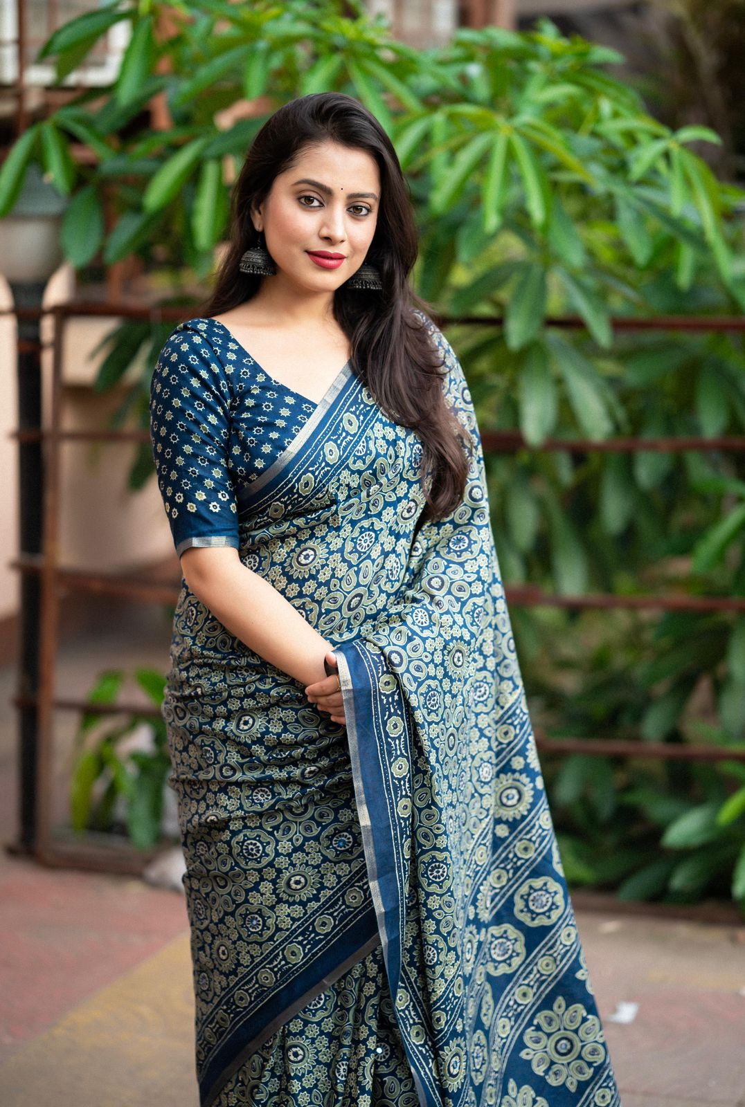 Ajrakh Style Printed Cotton Saree