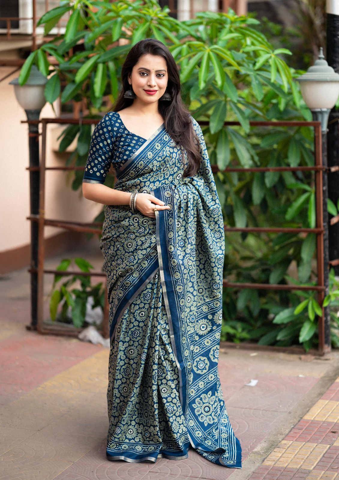 Ajrakh Style Printed Cotton Saree