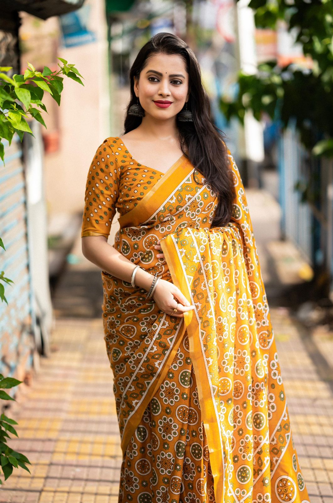 Ajrakh Style Printed Cotton Saree