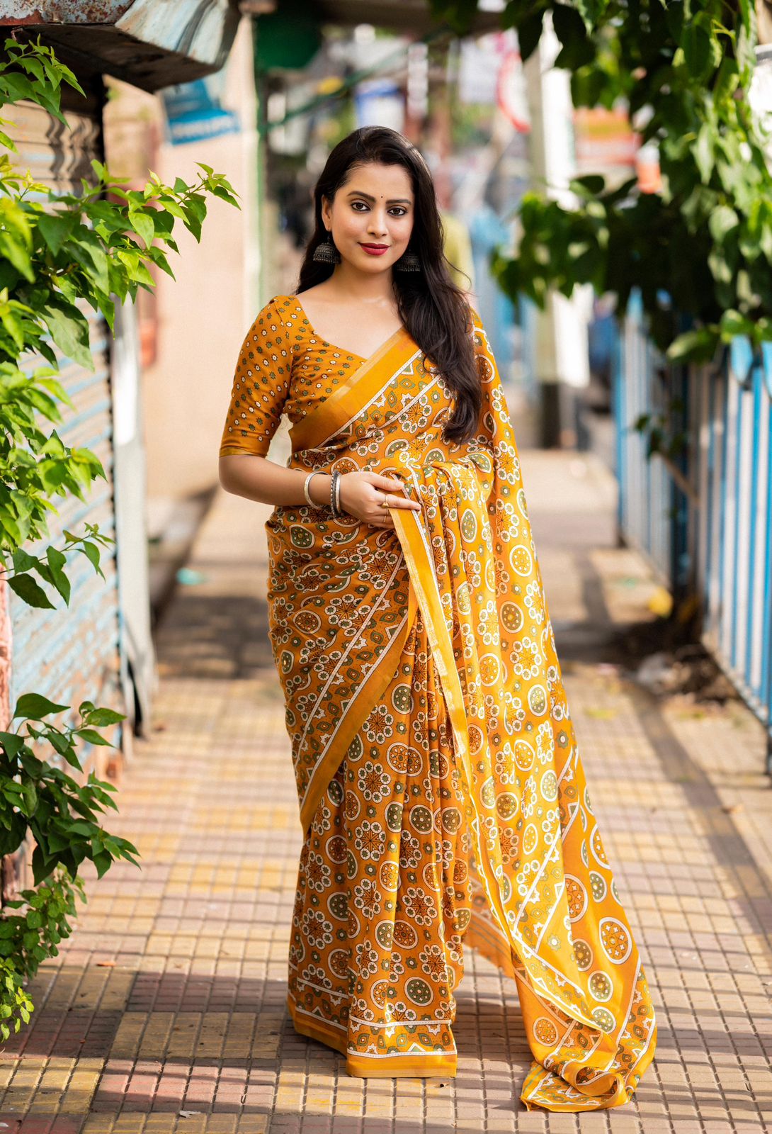 Ajrakh Style Printed Cotton Saree