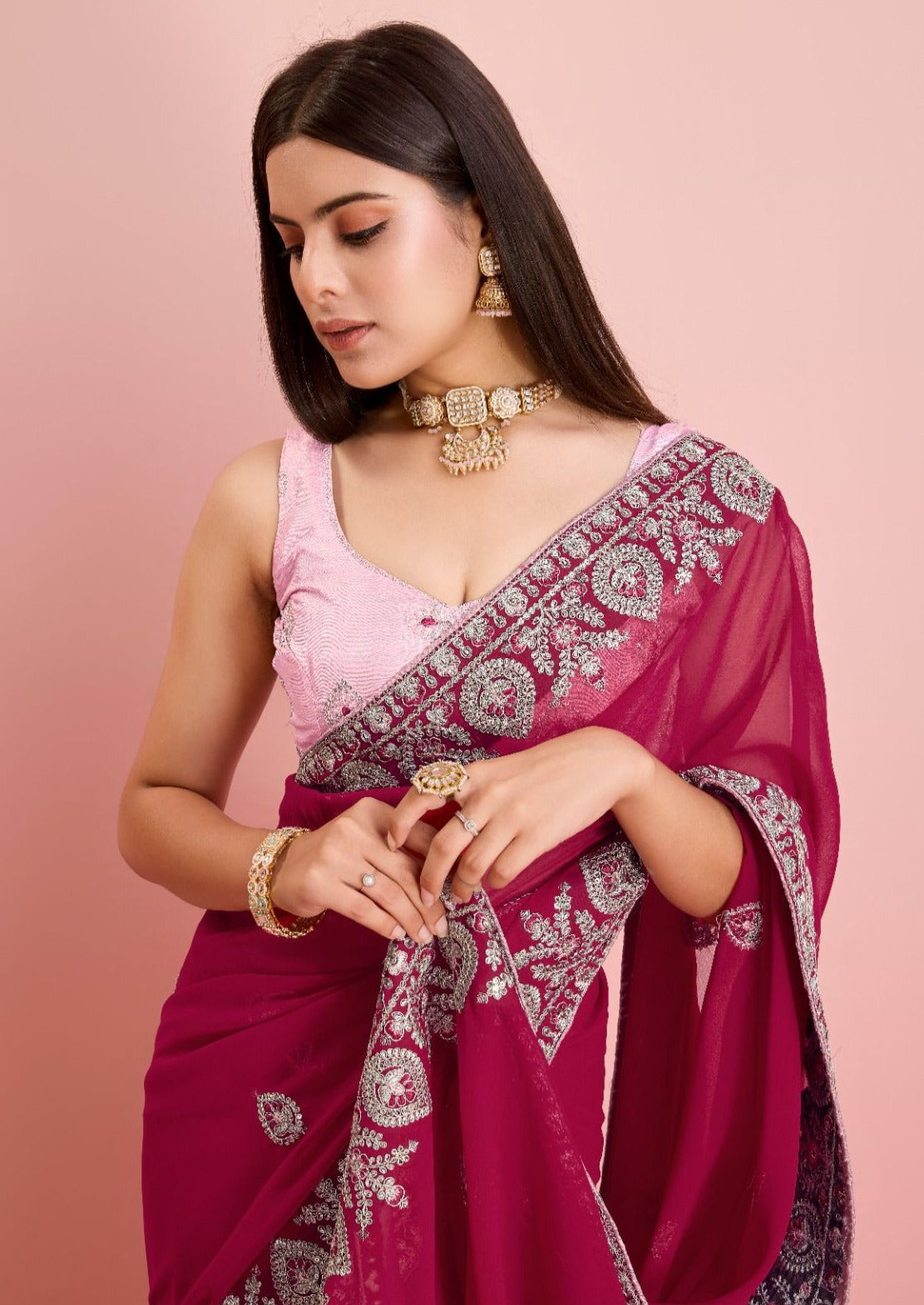 Soft Fox Georgette Saree With Embroidery Work and Cut Work Border