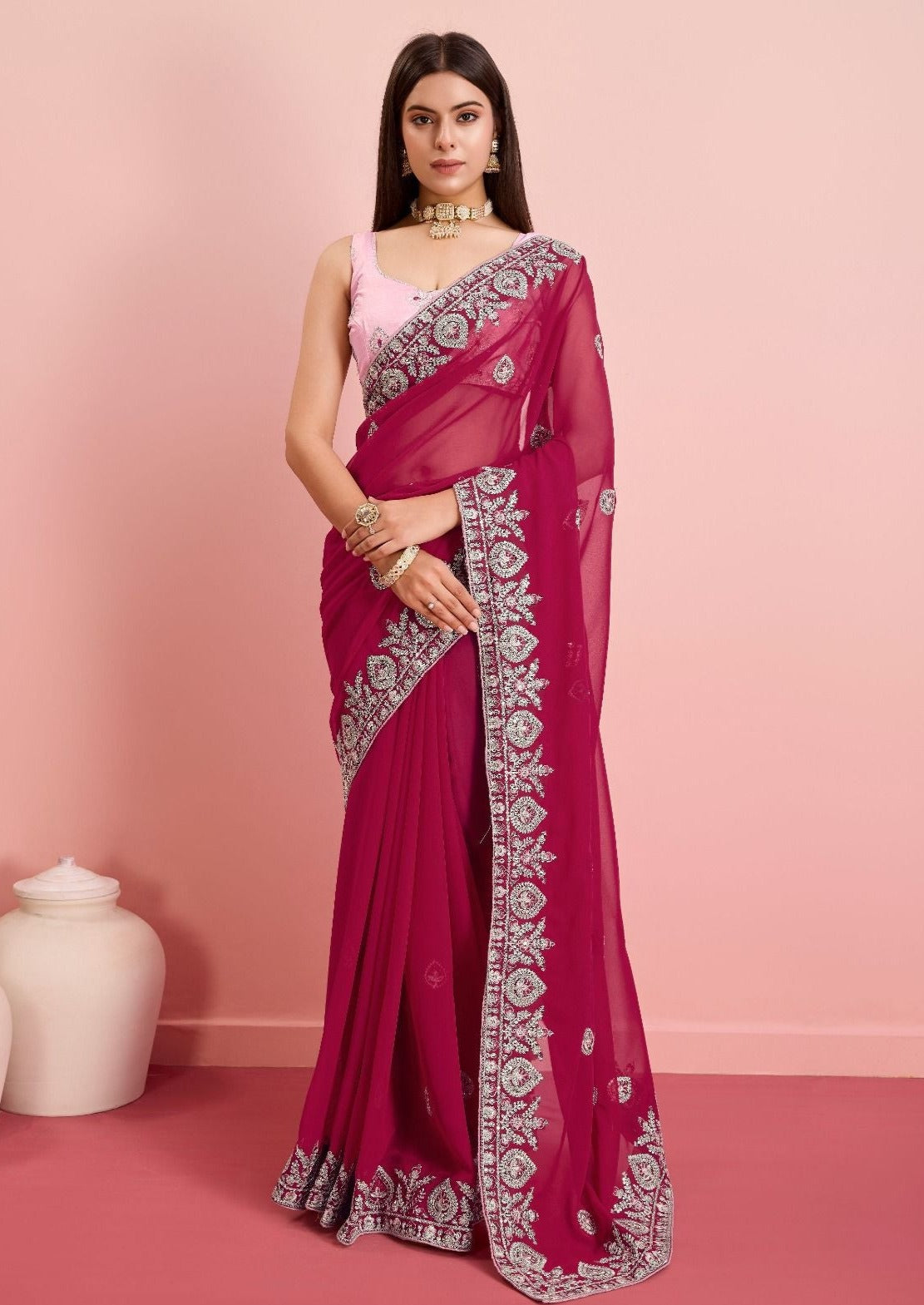 Soft Fox Georgette Saree With Embroidery Work and Cut Work Border