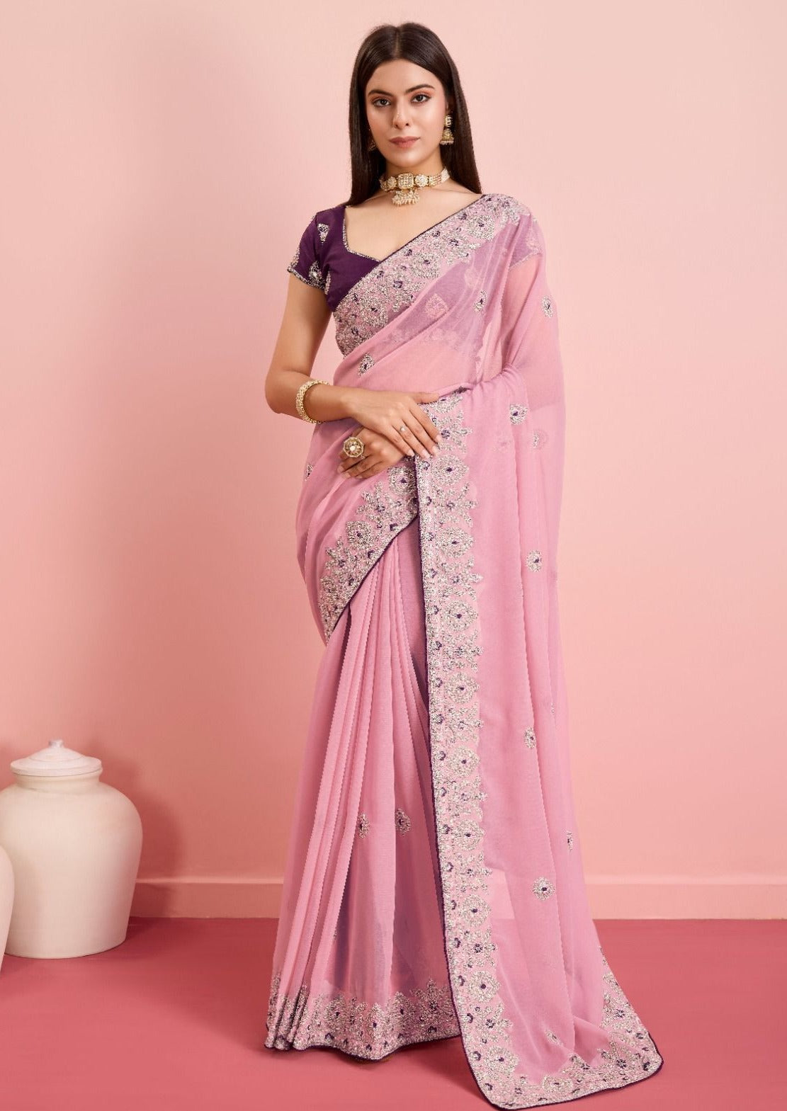 Soft Fox Georgette Saree With Embroidery Work and Cut Work Border