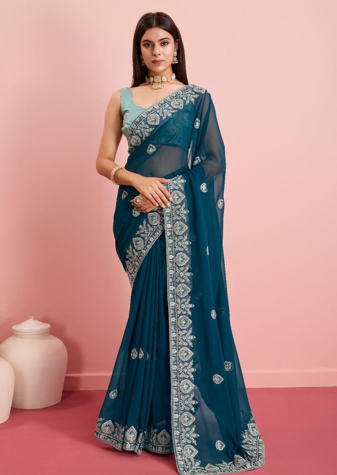 Soft Fox Georgette Saree With Embroidery Work and Cut Work Border