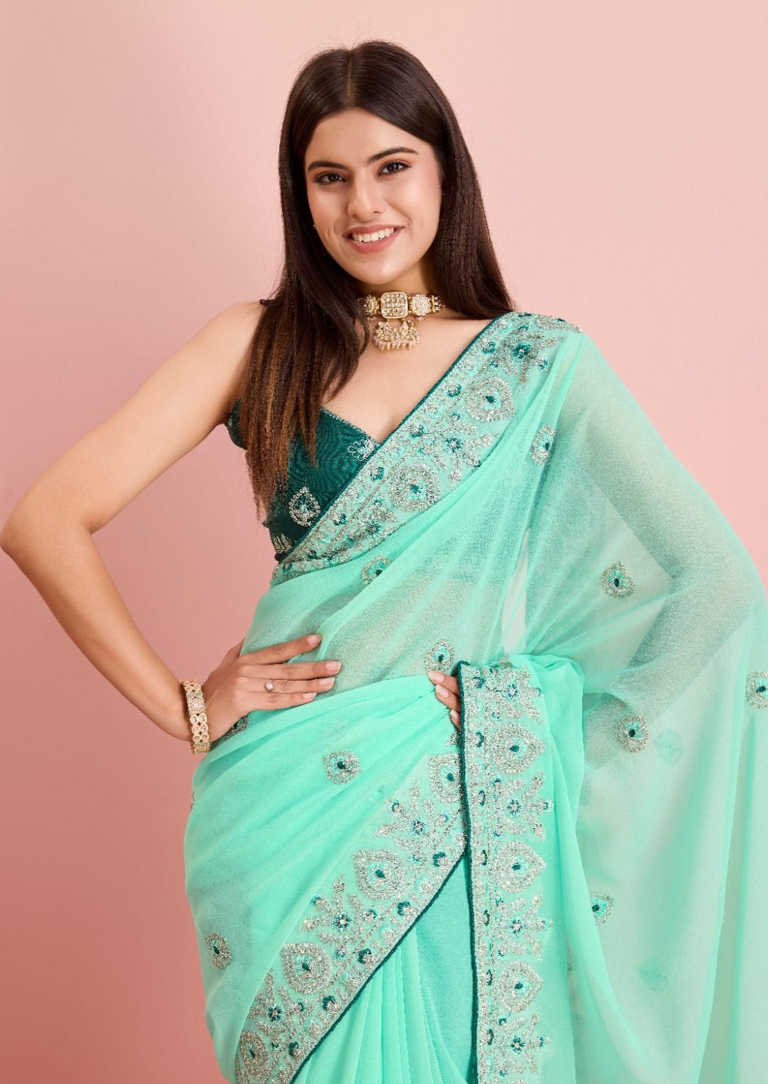 Soft Fox Georgette Saree With Embroidery Work and Cut Work Border