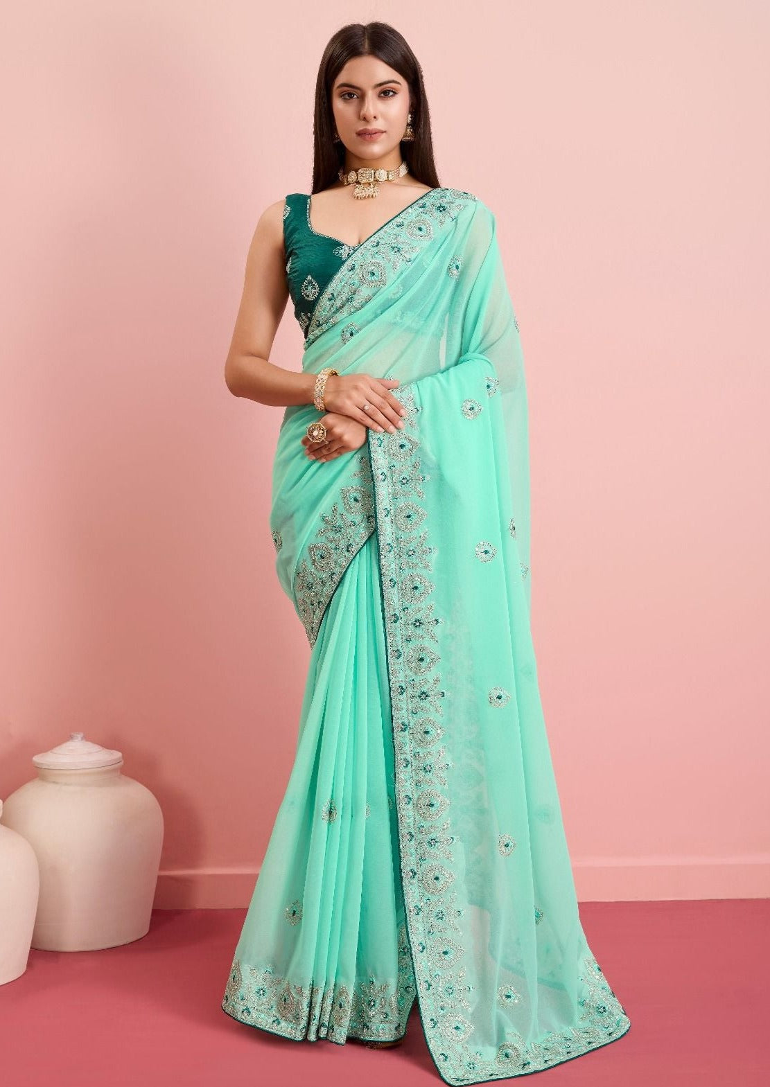 Soft Fox Georgette Saree With Embroidery Work and Cut Work Border