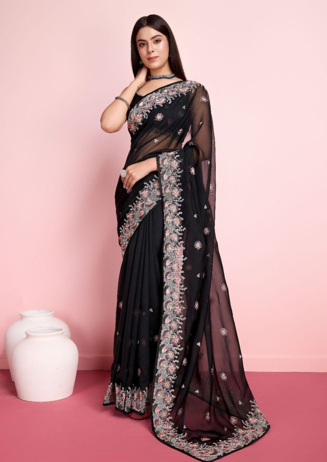 Premium Soft Taby Silk Organza Saree With C-Pallu Embroidery Work & Piping Border