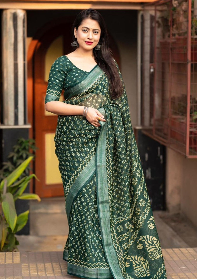 Mogra Linen Saree with Zari Pattu Weaving Border