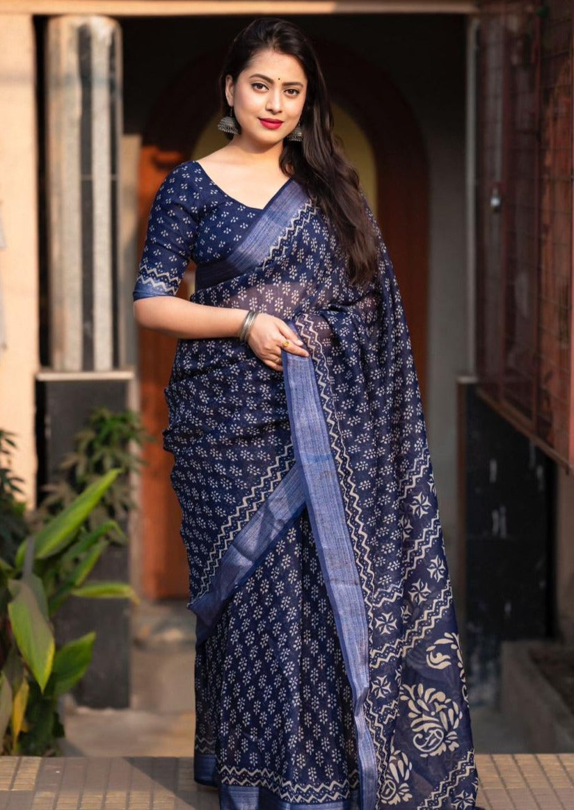 Mogra Linen Saree with Zari Pattu Weaving Border