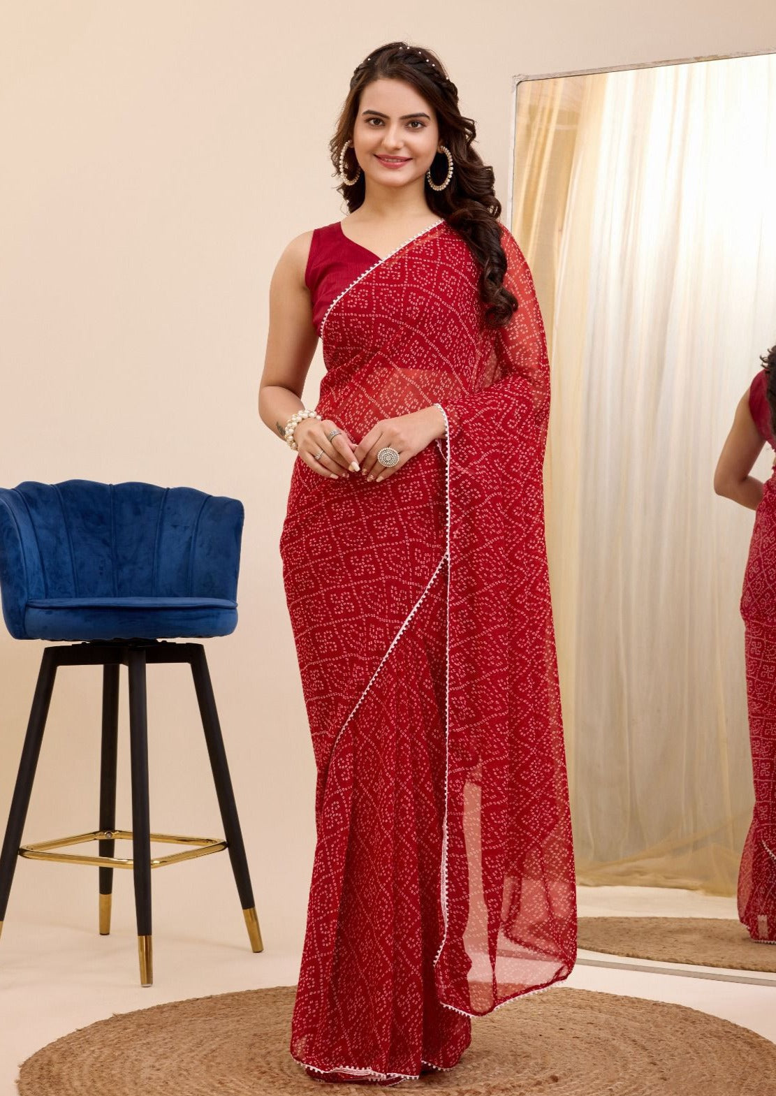 Red Color Ready To Wear Pre-Stitched  Georgette Saree With Hook and Drawstring