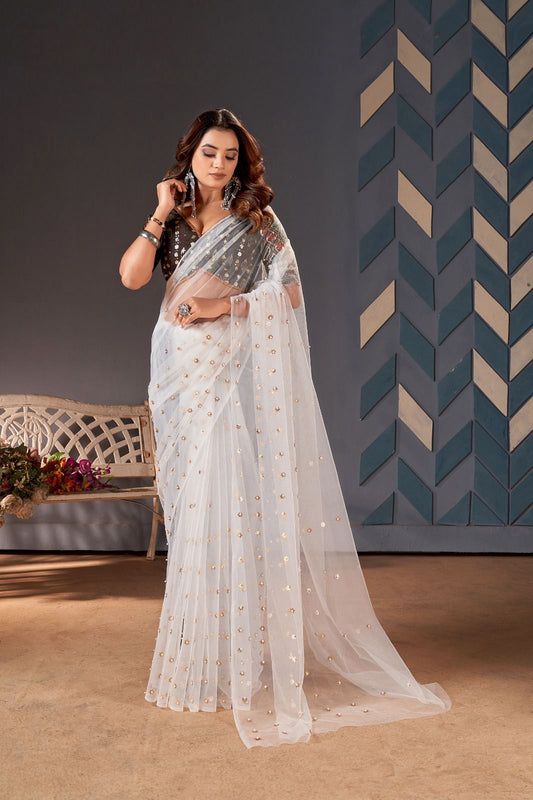 White Color Embroidery Net Saree With Sequence Blouse