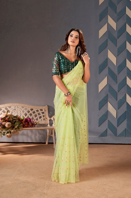 Green Color Embroidery Net Saree With Sequence Blouse