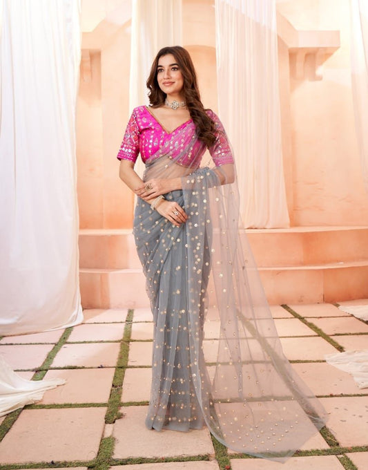 Gray Color Embroidery Net Saree With Sequence Blouse