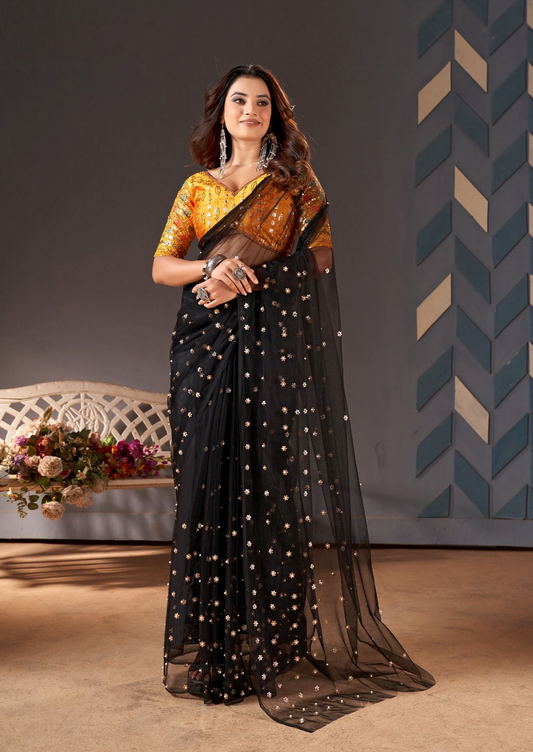 Black Color Embroidery Net Saree With Sequence Blouse